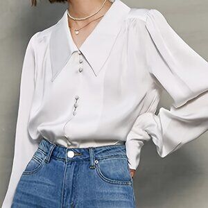 Polo Collar Button Front Blouse, Elegant Long Sleeve Blouse